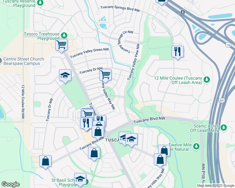 map of restaurants, bars, coffee shops, grocery stores, and more near 170 Tuscany Valley Drive Northwest in Calgary