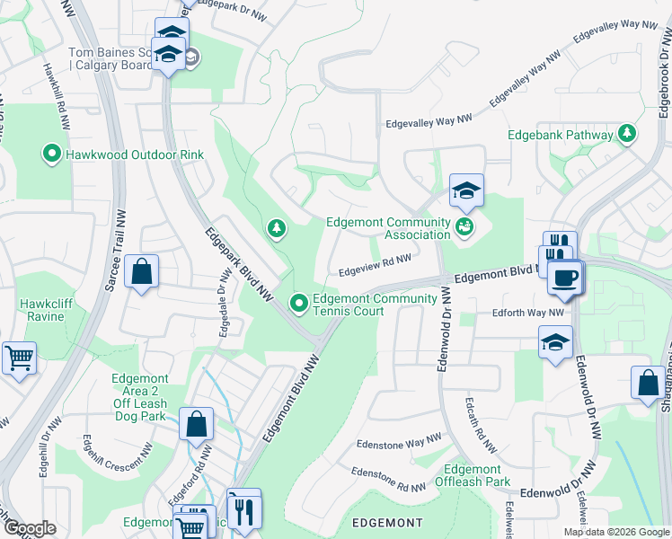 map of restaurants, bars, coffee shops, grocery stores, and more near 112 Edgeview Road Northwest in Calgary