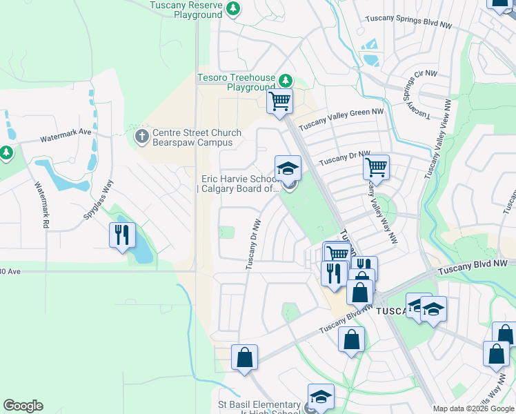 map of restaurants, bars, coffee shops, grocery stores, and more near 410 Tuscany Drive Northwest in Calgary