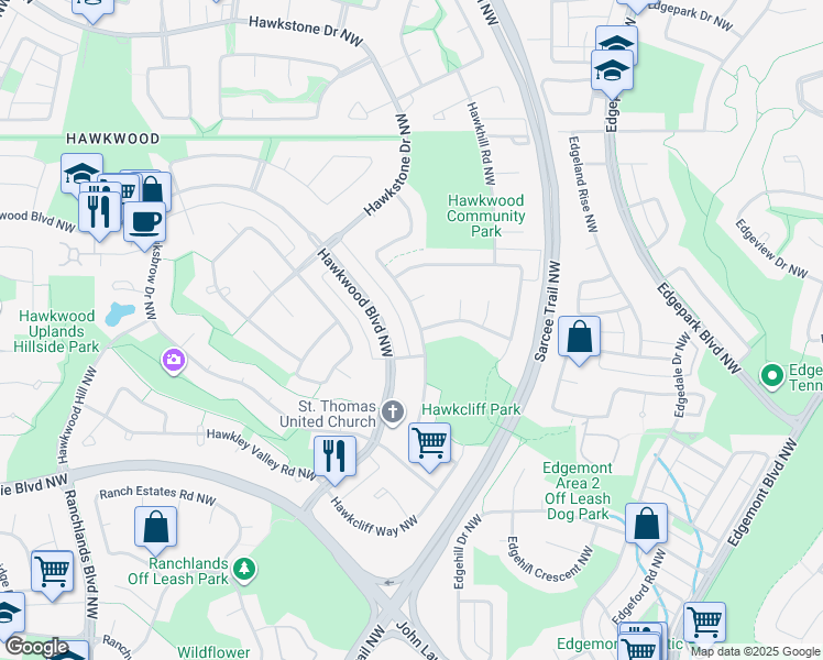 map of restaurants, bars, coffee shops, grocery stores, and more near 260 Hawkcliff Way Northwest in Calgary