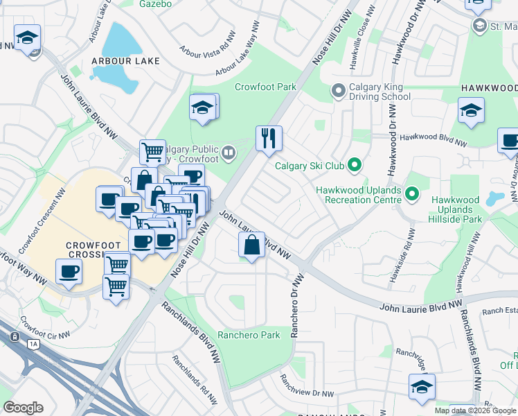 map of restaurants, bars, coffee shops, grocery stores, and more near 111 Hawkwood Way Northwest in Calgary