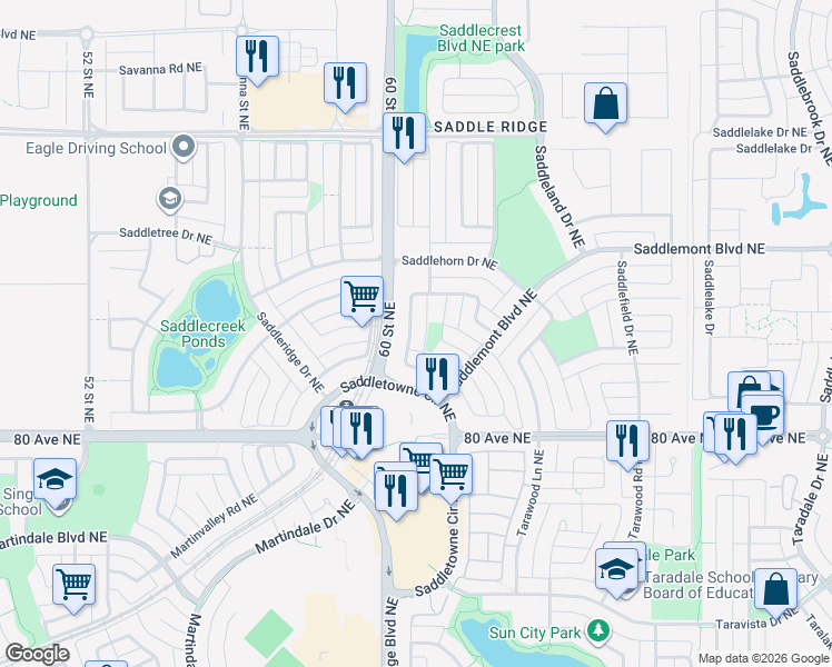 map of restaurants, bars, coffee shops, grocery stores, and more near 100 Saddlemead Road Northeast in Calgary