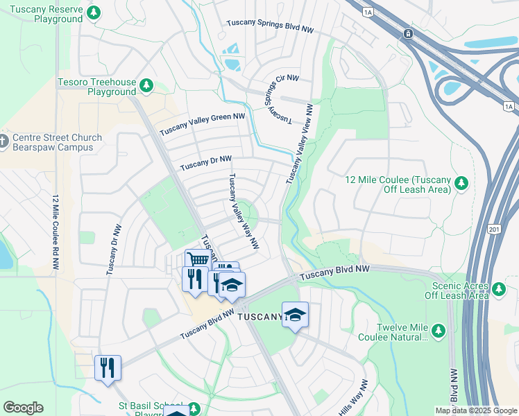 map of restaurants, bars, coffee shops, grocery stores, and more near 170 Tuscany Valley Drive Northwest in Calgary