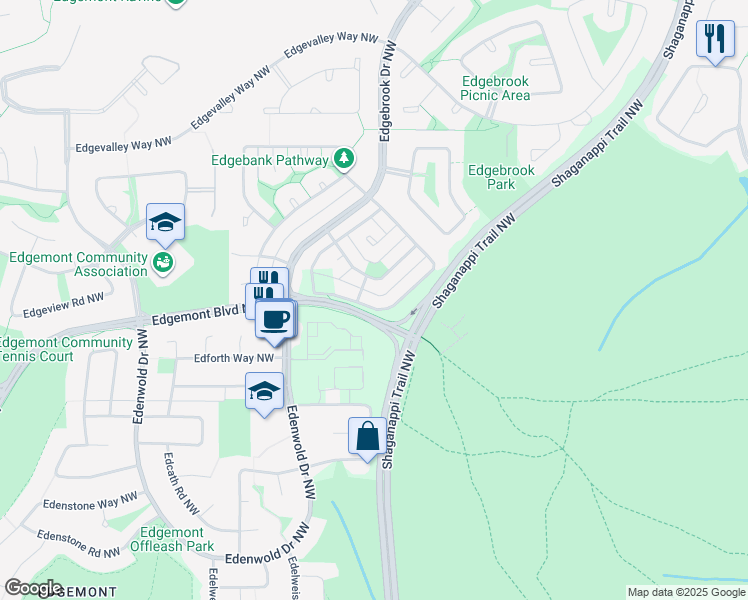map of restaurants, bars, coffee shops, grocery stores, and more near 16 Edgebrook Road Northwest in Calgary