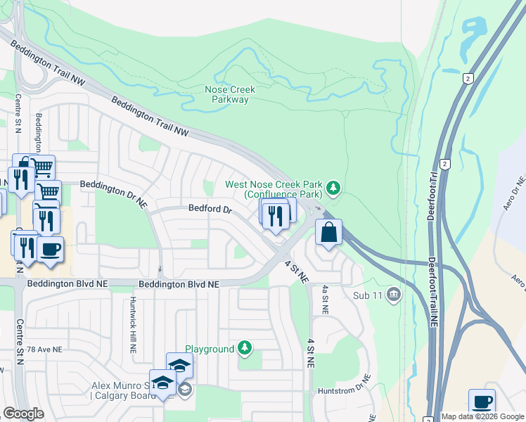 map of restaurants, bars, coffee shops, grocery stores, and more near 140 Bedford Drive Northeast in Calgary