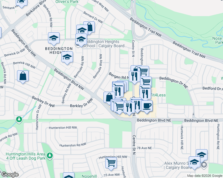 map of restaurants, bars, coffee shops, grocery stores, and more near 115 Bergen Road Northwest in Calgary