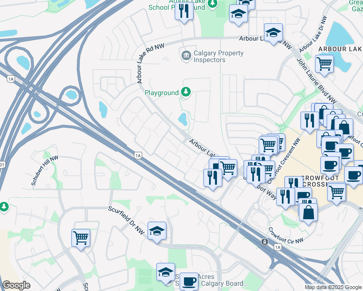 map of restaurants, bars, coffee shops, grocery stores, and more near 99 Arbour Lake Road Northwest in Calgary