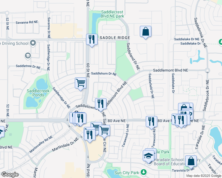 map of restaurants, bars, coffee shops, grocery stores, and more near Saddlemead Road Northeast in Calgary