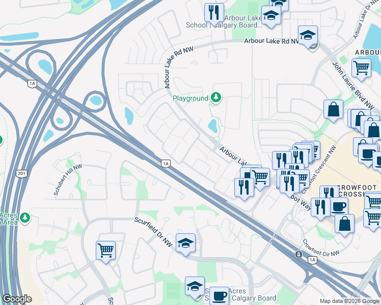 map of restaurants, bars, coffee shops, grocery stores, and more near 99 Arbour Lake Road Northwest in Calgary