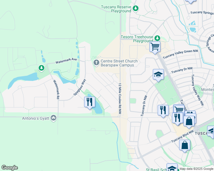 map of restaurants, bars, coffee shops, grocery stores, and more near 31 Watermark Road in Calgary