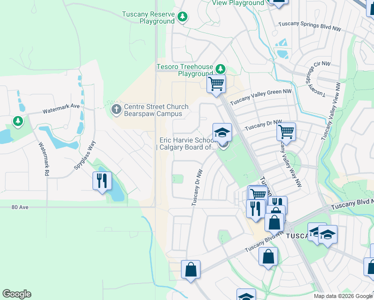 map of restaurants, bars, coffee shops, grocery stores, and more near 35 Tuscany Ridge Crescent Northwest in Calgary