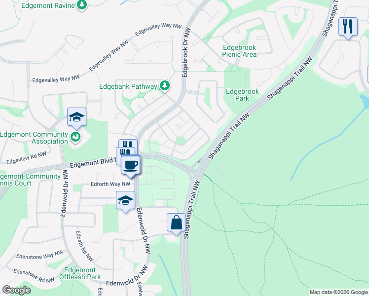 map of restaurants, bars, coffee shops, grocery stores, and more near 55 Edgebrook Way Northwest in Calgary