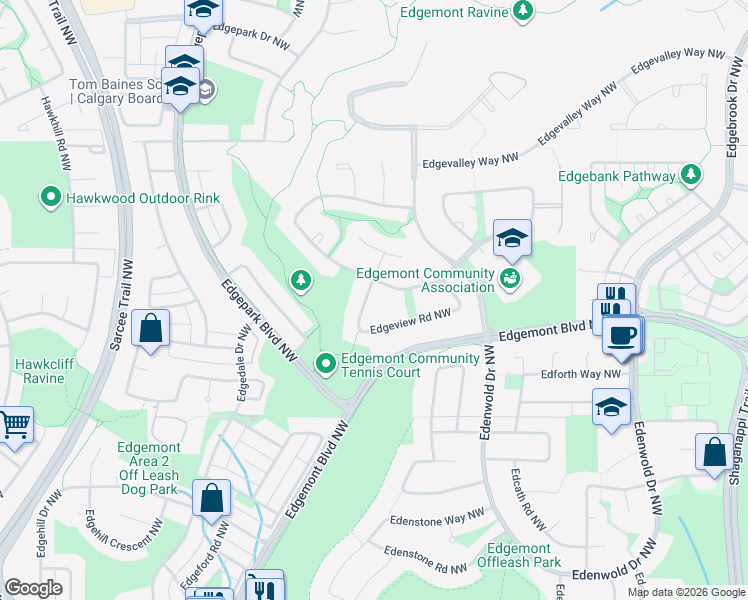 map of restaurants, bars, coffee shops, grocery stores, and more near 112 Edgeview Road Northwest in Calgary