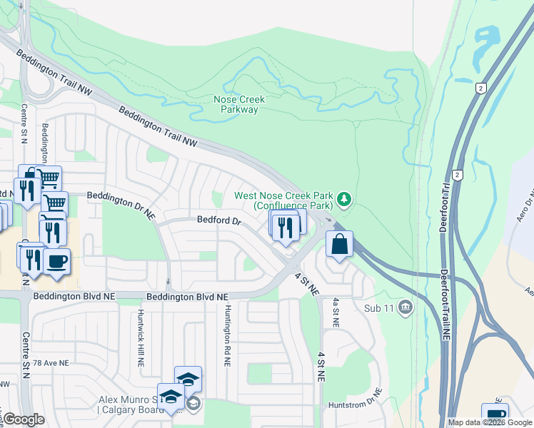 map of restaurants, bars, coffee shops, grocery stores, and more near 140 Bedford Drive Northeast in Calgary
