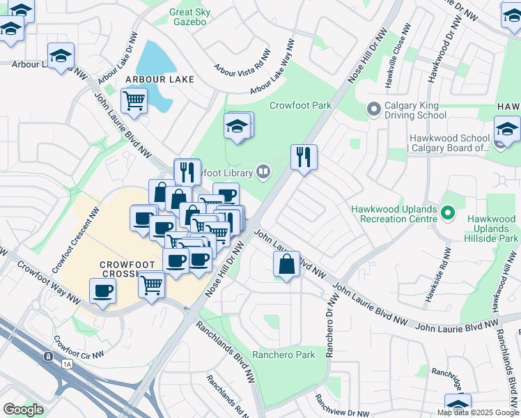 map of restaurants, bars, coffee shops, grocery stores, and more near 8665 Nose Hill Drive Northwest in Calgary
