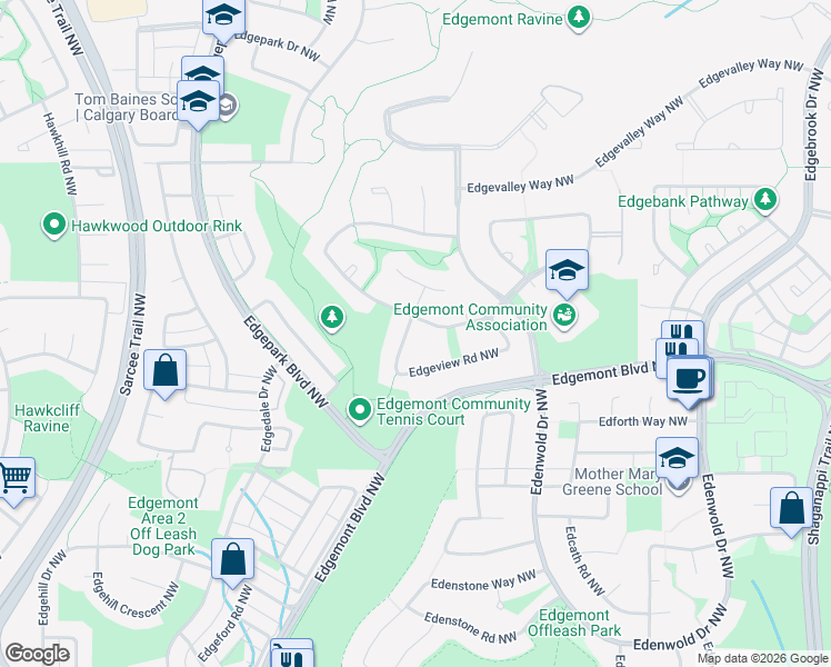 map of restaurants, bars, coffee shops, grocery stores, and more near 66 Edgeview Drive Northwest in Calgary