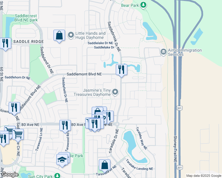 map of restaurants, bars, coffee shops, grocery stores, and more near 33 Saddlelake Green Northeast in Calgary