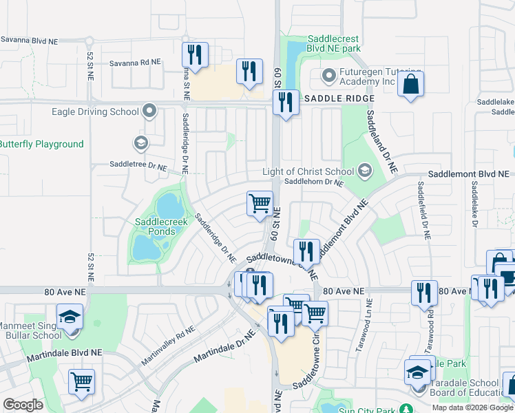map of restaurants, bars, coffee shops, grocery stores, and more near 106 Saddleback Road Northeast in Calgary