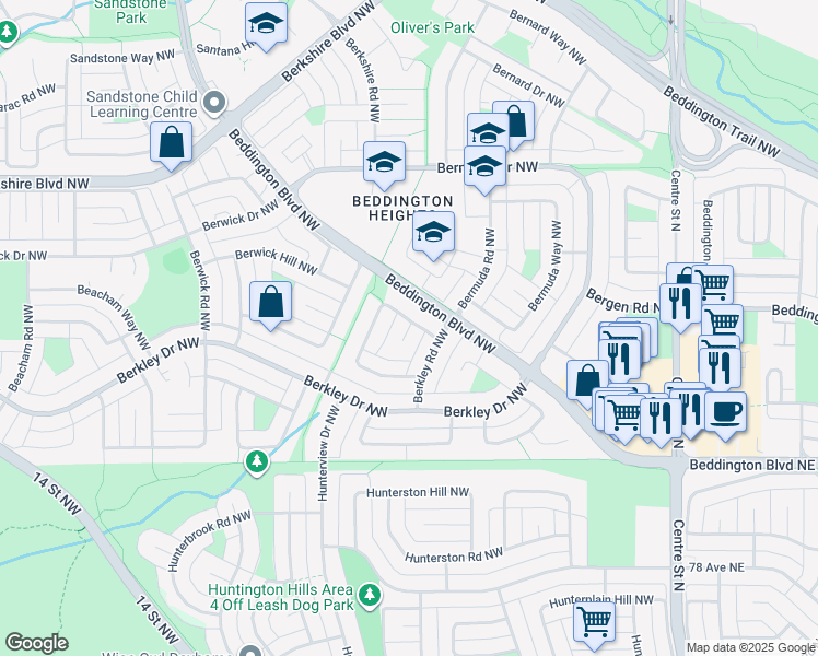 map of restaurants, bars, coffee shops, grocery stores, and more near Berkley Court Northwest in Calgary