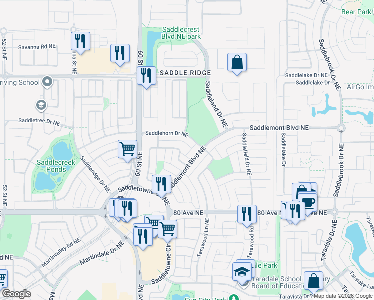 map of restaurants, bars, coffee shops, grocery stores, and more near 6255 Saddlehorn Drive Northeast in Calgary