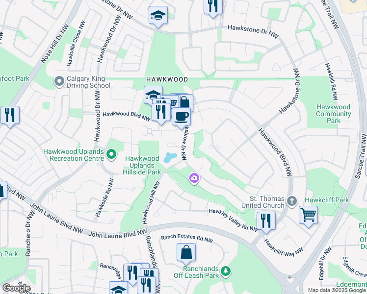 map of restaurants, bars, coffee shops, grocery stores, and more near 192 Hawksbrow Drive Northwest in Calgary