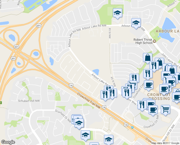 map of restaurants, bars, coffee shops, grocery stores, and more near 403 Arbour Lake Road Northwest in Calgary