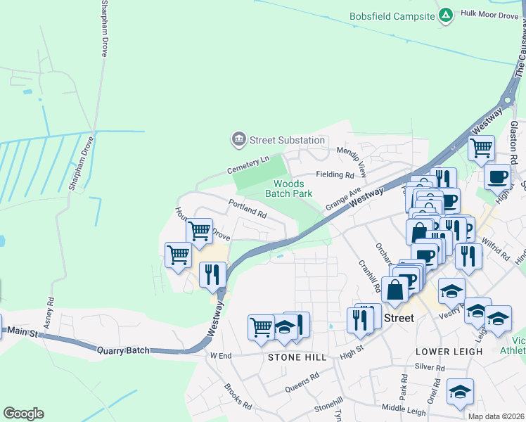 map of restaurants, bars, coffee shops, grocery stores, and more near in Street