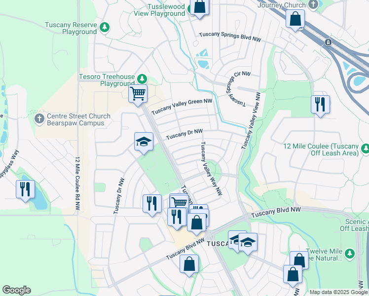 map of restaurants, bars, coffee shops, grocery stores, and more near Tuscany Valley Heights Northwest in Calgary