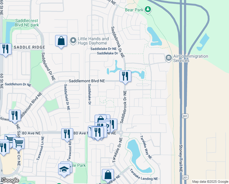 map of restaurants, bars, coffee shops, grocery stores, and more near 33 Saddlelake Green Northeast in Calgary