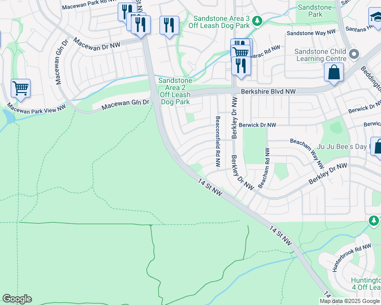 map of restaurants, bars, coffee shops, grocery stores, and more near 63 Beaconsfield Way Northwest in Calgary