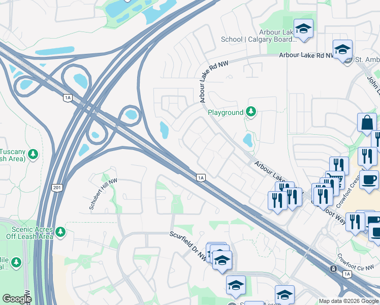 map of restaurants, bars, coffee shops, grocery stores, and more near Crowchild Trail NW in Calgary