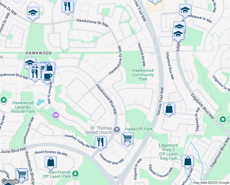 map of restaurants, bars, coffee shops, grocery stores, and more near 316 Hawkcliff Way Northwest in Calgary