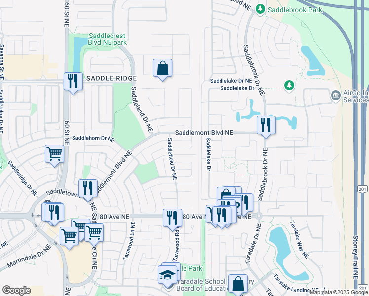 map of restaurants, bars, coffee shops, grocery stores, and more near Saddlefield Road Northeast in Calgary