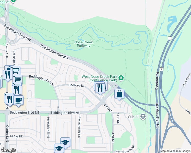 map of restaurants, bars, coffee shops, grocery stores, and more near 176 Bedford Circle Northeast in Calgary