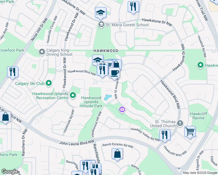 map of restaurants, bars, coffee shops, grocery stores, and more near 2000 Hawksbrow Point Northwest in Calgary