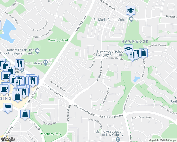 map of restaurants, bars, coffee shops, grocery stores, and more near 30 Hawkdale Circle Northwest in Calgary