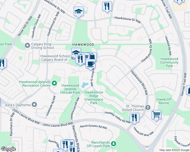 map of restaurants, bars, coffee shops, grocery stores, and more near 192 Hawksbrow Drive Northwest in Calgary