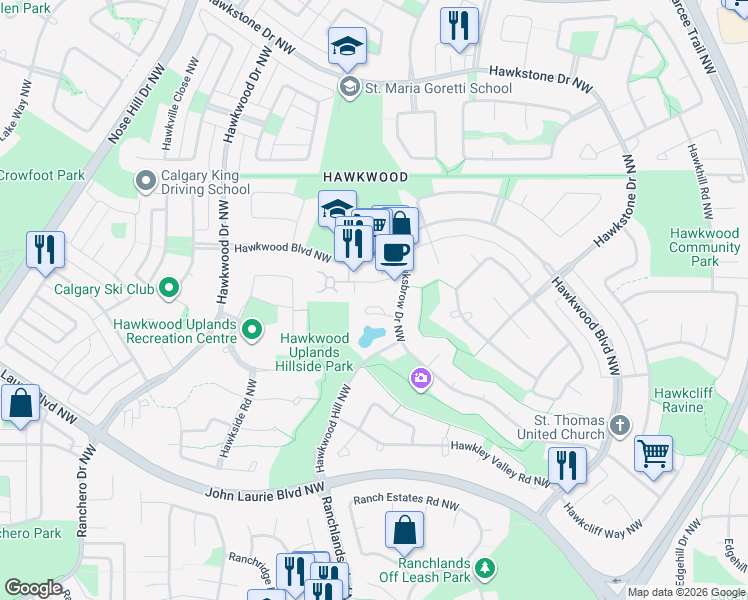 map of restaurants, bars, coffee shops, grocery stores, and more near 2000 Hawksbrow Point Northwest in Calgary