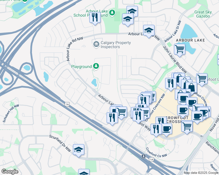 map of restaurants, bars, coffee shops, grocery stores, and more near 90 Arbour Lake Hill Northwest in Calgary