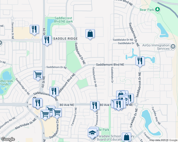map of restaurants, bars, coffee shops, grocery stores, and more near 85 Saddlemont Road Northeast in Calgary