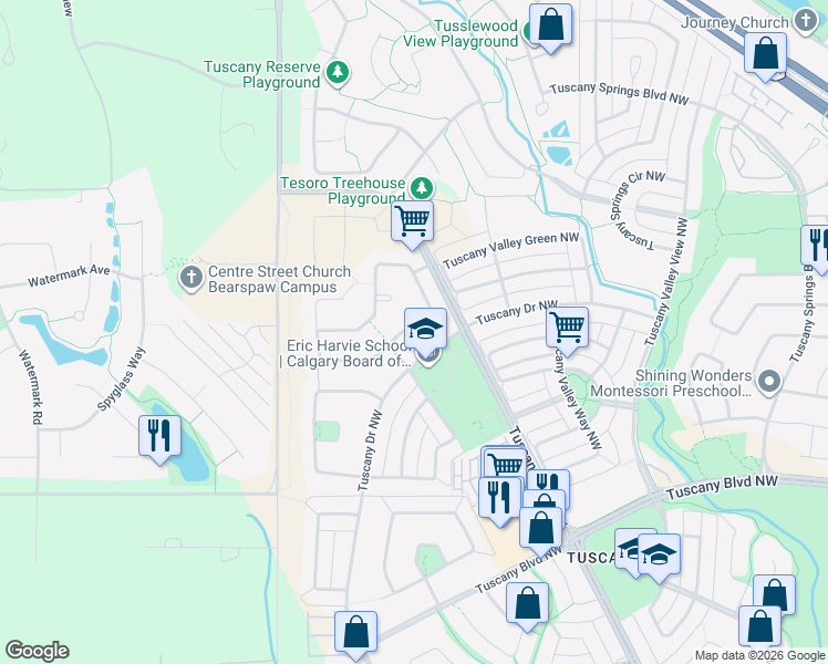 map of restaurants, bars, coffee shops, grocery stores, and more near 27 Tuscany Ridge Heights Northwest in Calgary
