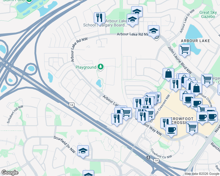 map of restaurants, bars, coffee shops, grocery stores, and more near 48 Arbour Lake Hill Northwest in Calgary