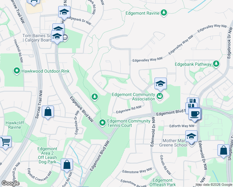 map of restaurants, bars, coffee shops, grocery stores, and more near 66 Edgeview Drive Northwest in Calgary
