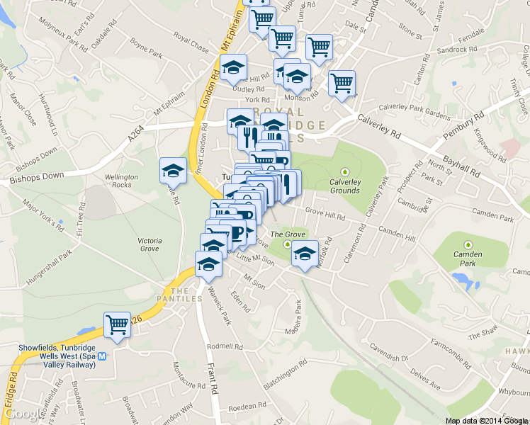 map of restaurants, bars, coffee shops, grocery stores, and more near  in Royal Tunbridge Wells