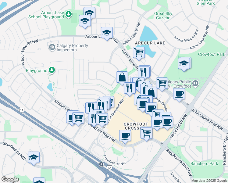 map of restaurants, bars, coffee shops, grocery stores, and more near 47 R Arbour Wood Close Northwest in Calgary