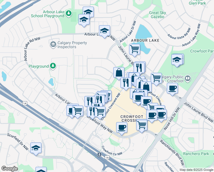 map of restaurants, bars, coffee shops, grocery stores, and more near 47 R Arbour Wood Close Northwest in Calgary
