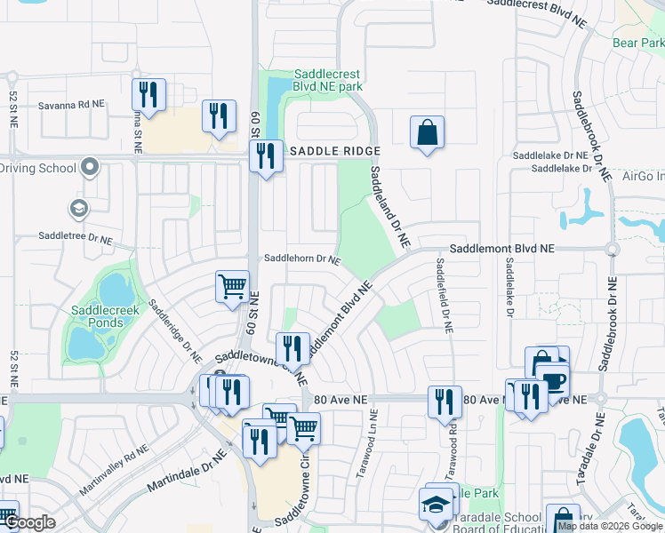 map of restaurants, bars, coffee shops, grocery stores, and more near 6255 Saddlehorn Drive Northeast in Calgary