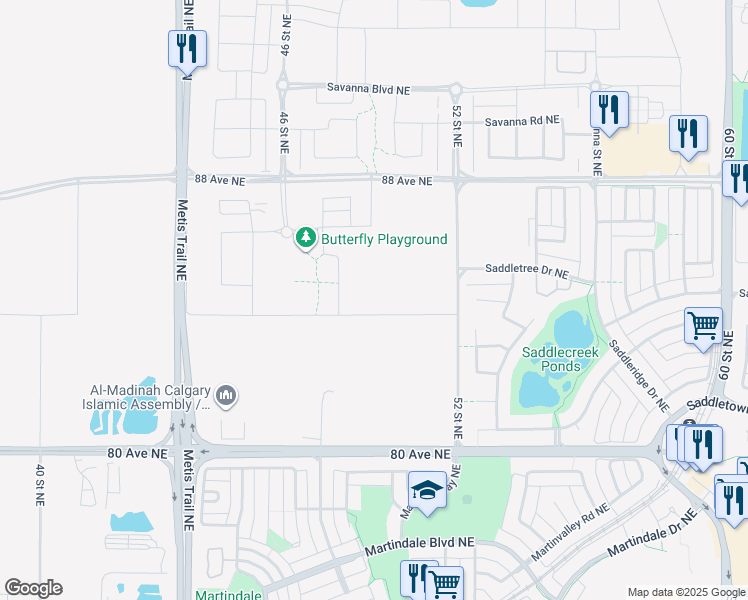 map of restaurants, bars, coffee shops, grocery stores, and more near 5020 84 Avenue Northeast in Calgary