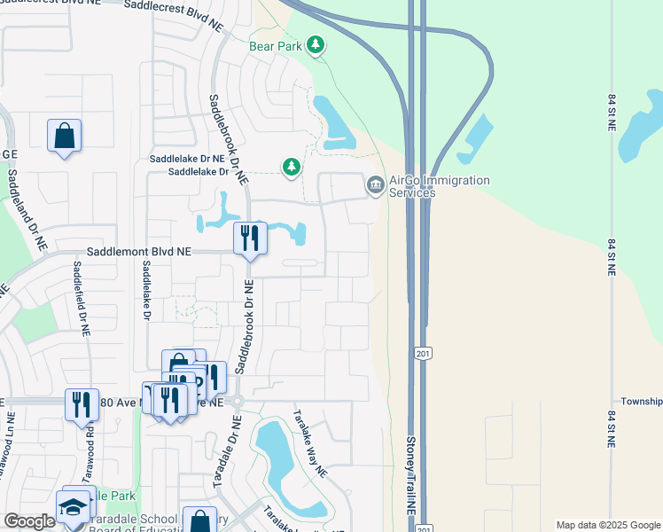 map of restaurants, bars, coffee shops, grocery stores, and more near 182 Saddlelake Way Northeast in Calgary