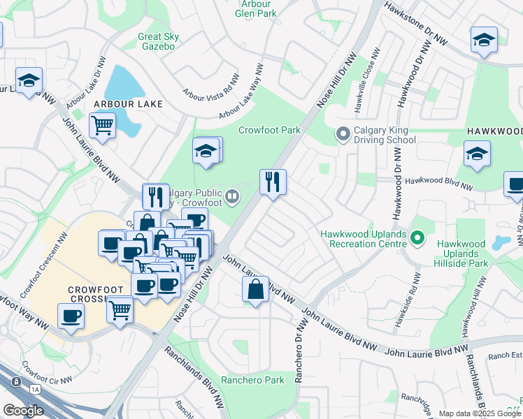 map of restaurants, bars, coffee shops, grocery stores, and more near 188 Hawkwood Way Northwest in Calgary